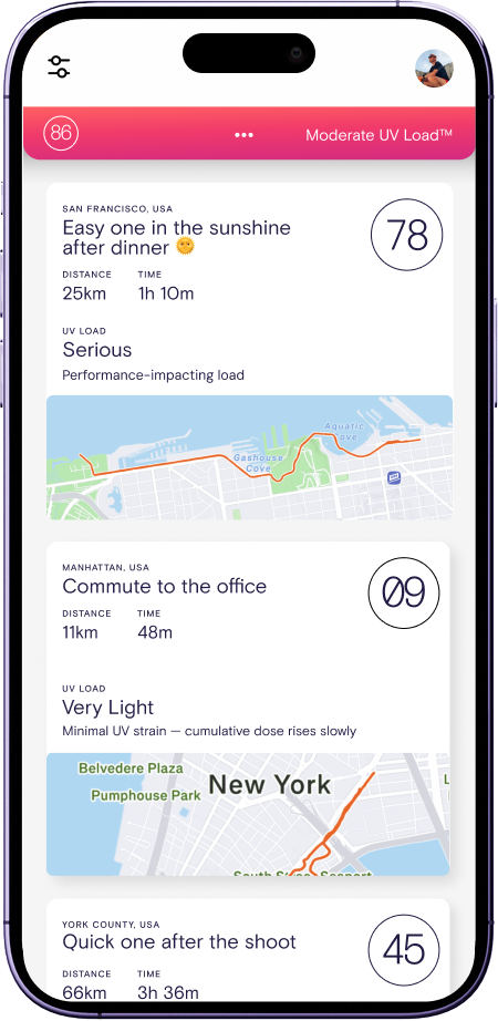 Pelotan UV Load app home feed showing today's UV Load score of 42, classified as Moderate, with a list of recent activities.