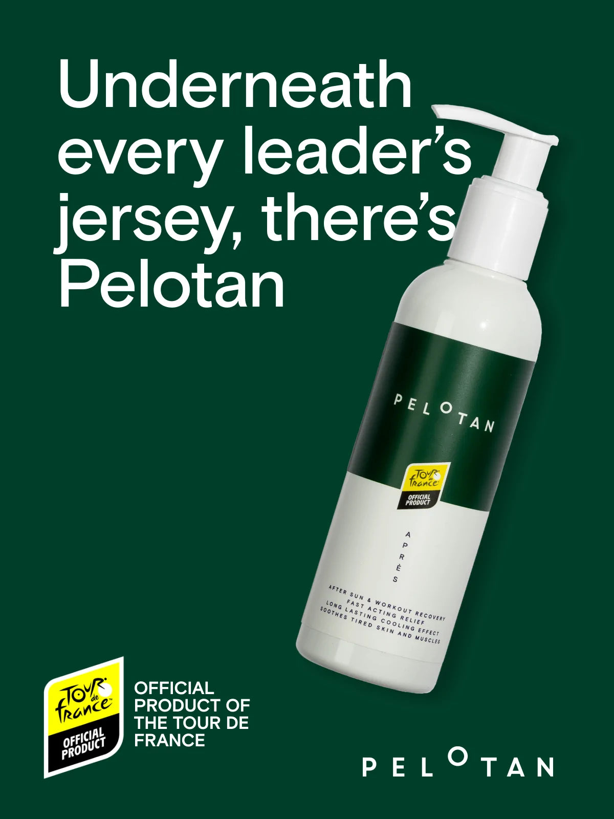 Pelotan product with text 'Underneath every leader's jersey, there's Pelotan' on a green background