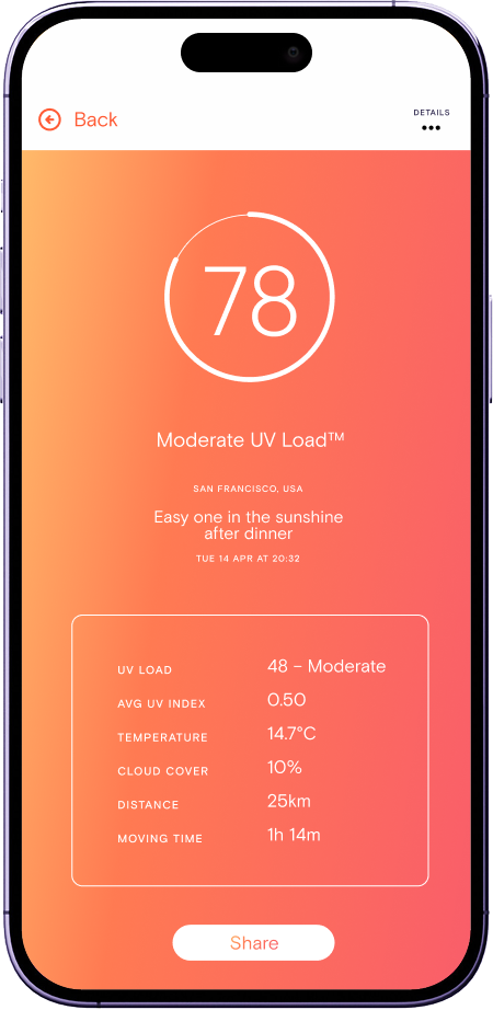 Pelotan UV Load app activity detail screen showing a UV Load score of 74, classified as the High band, for a ride in Barcelona.