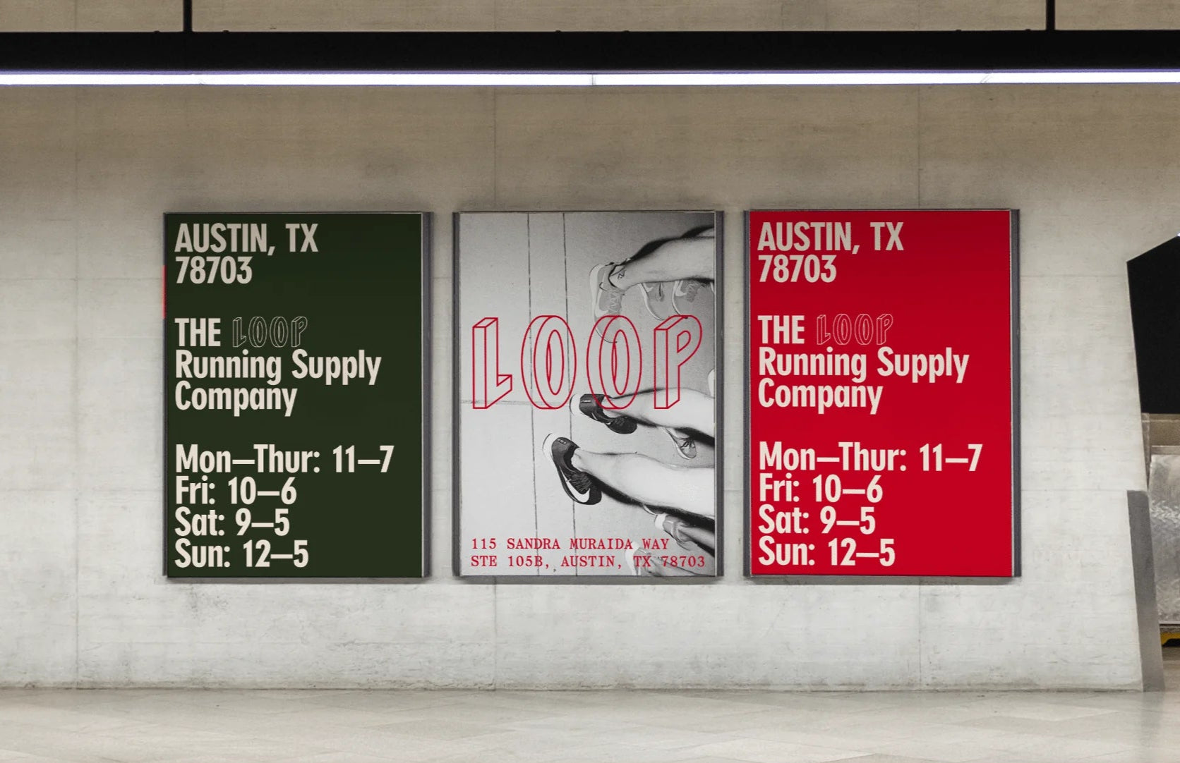 Three posters on a wall with text and graphics, including 'The Running Supply Company' and 'Loop'.
