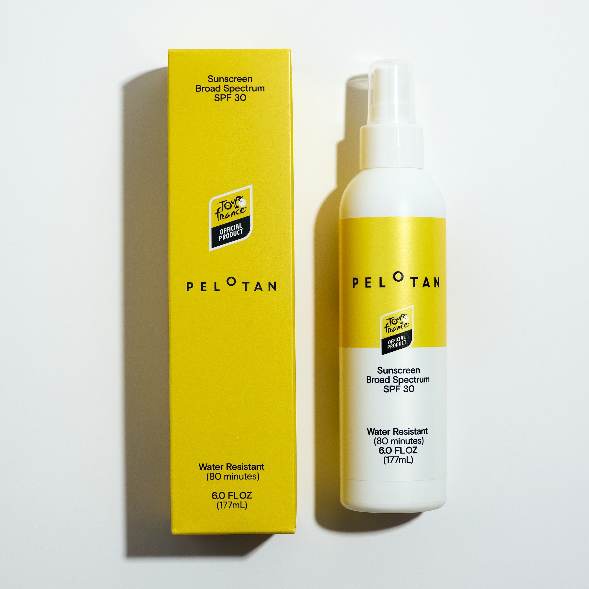 PELOTAN sunscreen bottle and packaging on a white background. Official product of the Tour de France.
