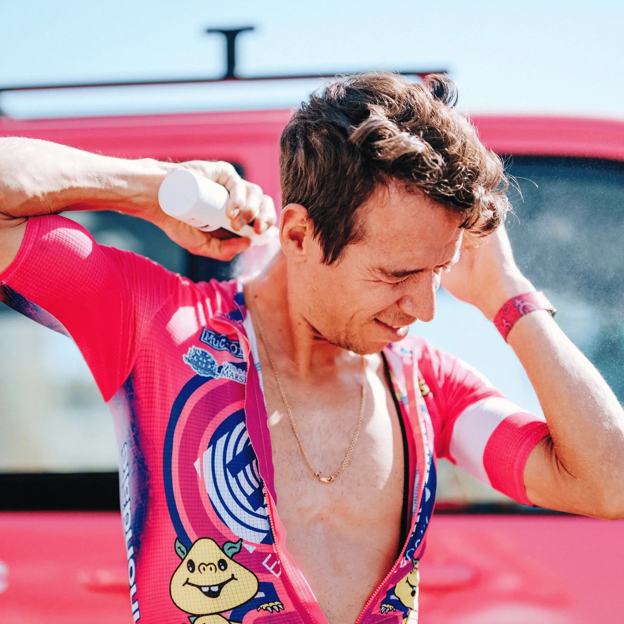 EF Pro Cycling Rider Rigoberto Uran applies Pelotan SPF30 Performance Sunscreen during the 2022 Tour de France.